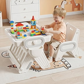 Funjoypals 4 IN 1 Foldable Drawing Board & Block Table with Chair for Kids Age 3-12