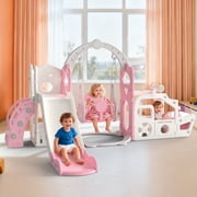 Funjoypals 6 IN 1 Indoor Infant Toddler Playground Slides Playset with Swing & Spaceship Playhouse for Home, Pink