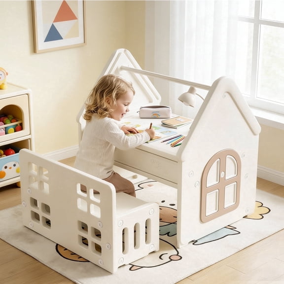 Funjoypals 9 in 1 Building Block Drawing Mulit Activity Table Play House with Storage for Art, Learning & Dining for Boys Girls