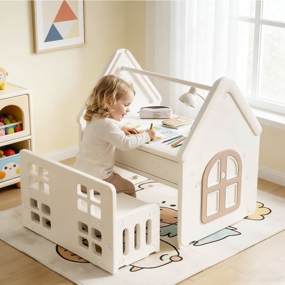 Funjoypals 9 in 1 Building Block Drawing Mulit Activity Table Play House with Storage for Art, Learning & Dining for Boys Girls