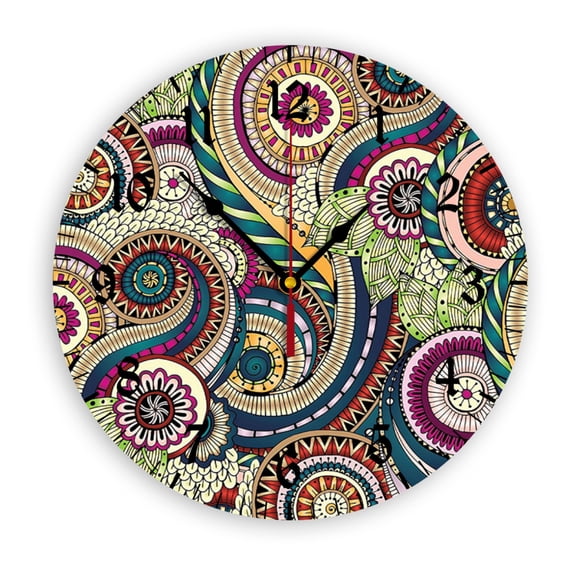 Funk Style Batik Circle Wall Clock, Battery Operated, PVC Round Silent Non-Ticking Clock with Clear Numbers for Living Room, Kitchen, Bedroom, Office, School Decor 10inch-25cm