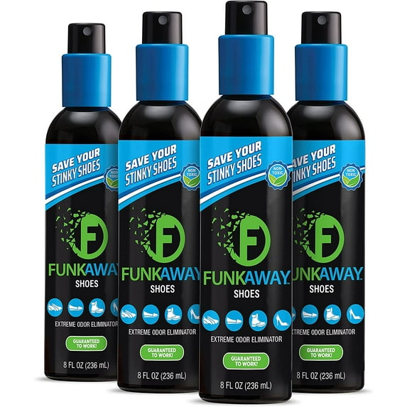 FunkAway Pump Spray, 8 oz Pack of 4 Extreme Shoe Odor Eliminator Non-Aerosol Use on Shoes, Clothes and Gear Renew Stinky Shoes