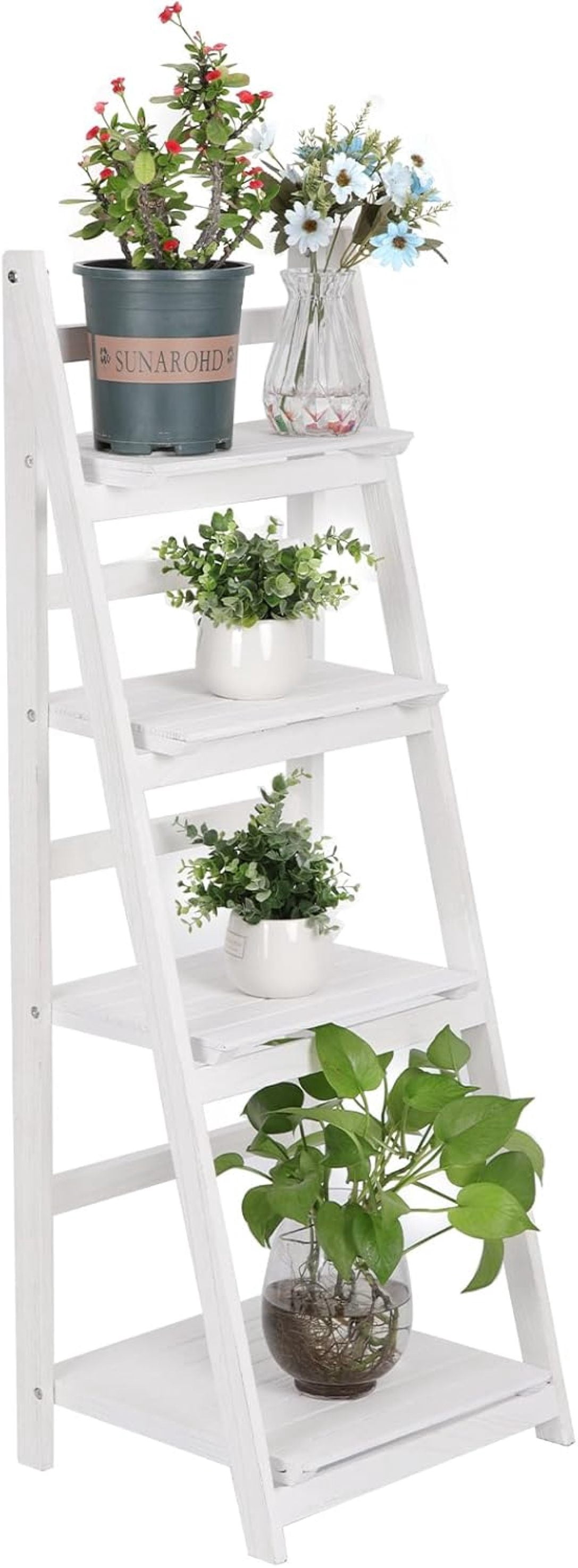 Funkeen Foldable Ladder Shelf Wood Multi Tier Plant Stand Tall Flower ...