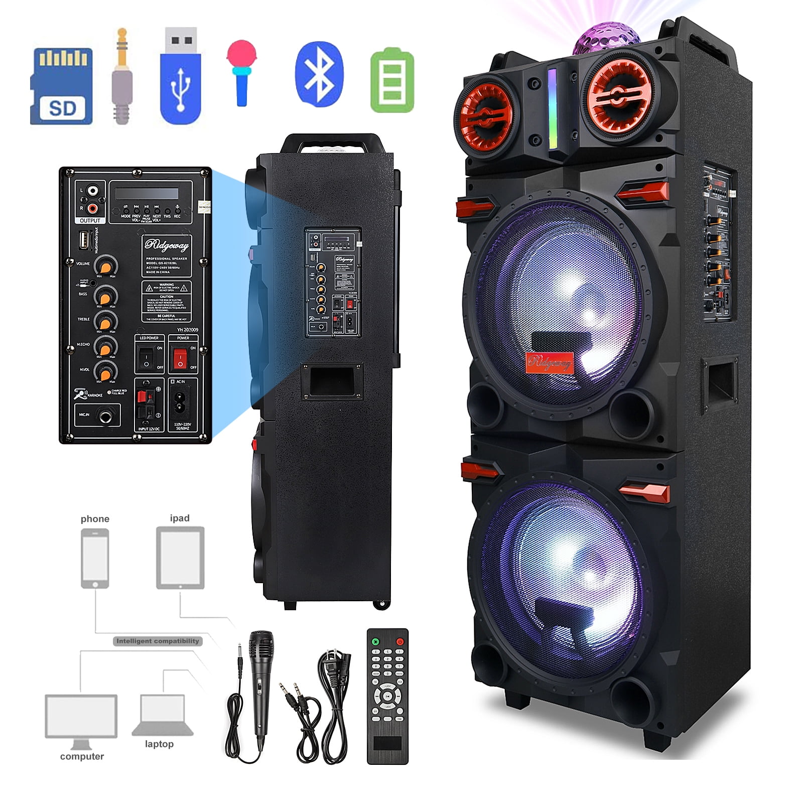 Funkeen Portable Bluetooth PA Speaker System, Rechargeable Outdoor Dual 10-Inch