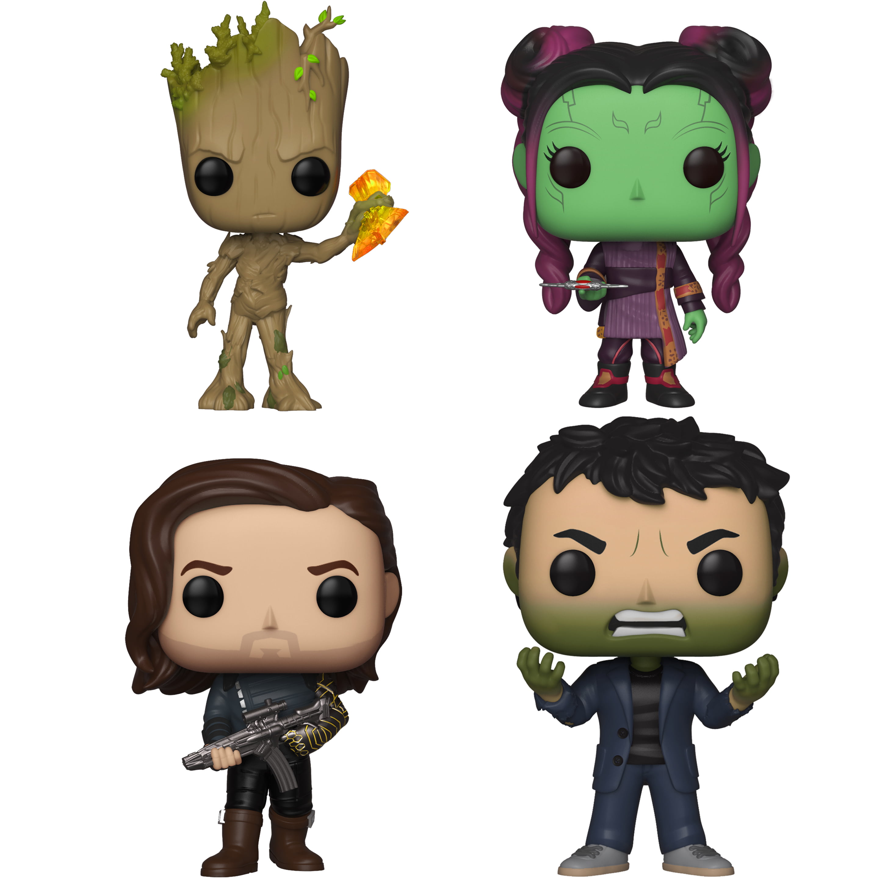 Funko POP! Games Marvel Infinity War: Groot with Stormbreaker, Young Gamora  with Dagg, Bucky with weapon, and Bruce Banner with Hulk head (Collector's  Set), Vinyl Figure 