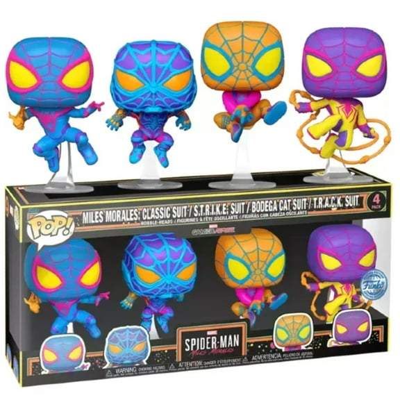 Funko PoP! Spider-Man Miles Morales Classic Suit / S.T.R.I.K.E. Suit / Bodega Cat Suit / T.R.A.C.K. Suit 4-Pack (Funko Special Edition)