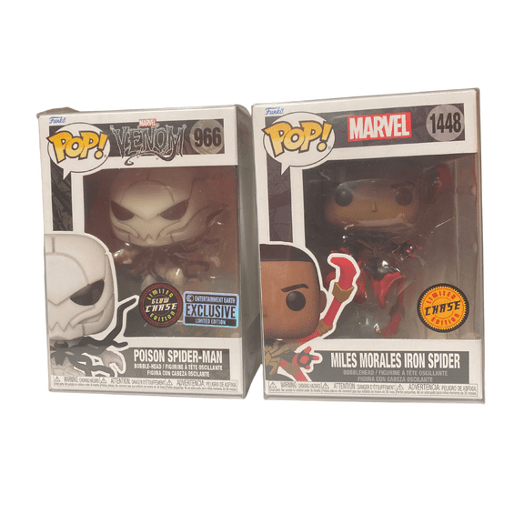 Funko Pop! Marvel 2-Pack Bundle Miles Morales Iron Spider (#1448) CHASE and Poison Spider-Man (#966) Glow-in-the-Dark Entertainment Earth Exclusive Includes Protective Display Cases
