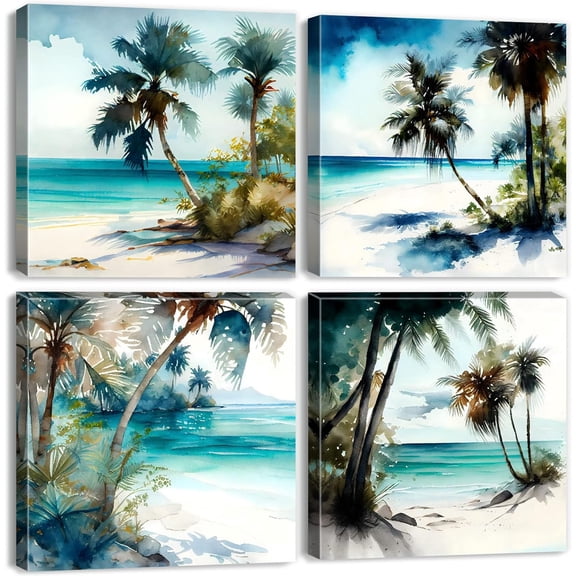 Teal Beach Palm Tree Canvas Wall Art Watercolor Blue Seaside Landscape Print Painting Wall Decor 8x8" 4Pcs Abstract Coastal Scenery Picture Modern Artwork for Living Room Bathroom Home Decoration