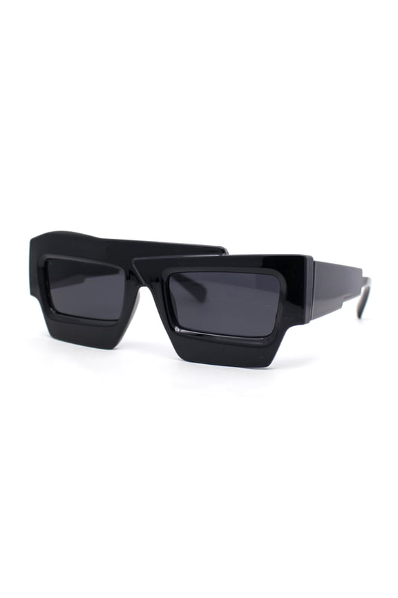 Funky 80s Asymmetrical Rectangle Thick Plastic Horn Rim Arm Sunglasses All Black