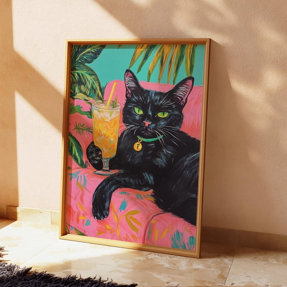 Funky Black Cat Cocktail Retro Preppy Home Art, Unframed Paper Poster 8x10in