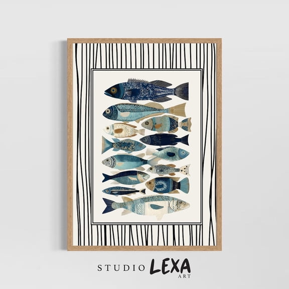 Funky Blue Fish Thin Striped Trendy Fish Aesthetic Kitchen Retro Coastal Nautical Seafood Artwork Poster Unframed Paper Print