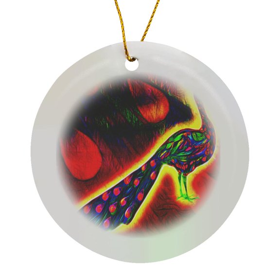 3drose, Funky Bright Colors Luminous Peacock Peafowl with Artsy Abstract Background Animal Bird Art, Circle Porcelain Ornament