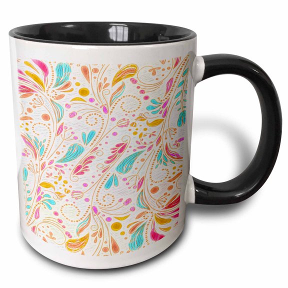 3drose, Funky Bright Neon Colors Doodle Foliage Leaves Modern Nature Abstract Design, 11oz Two-tone Black Mug