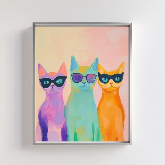 Funky Cats in Sunglasses Art Retro Pop Feline Decoration, Unframed Paper Poster 8x10in