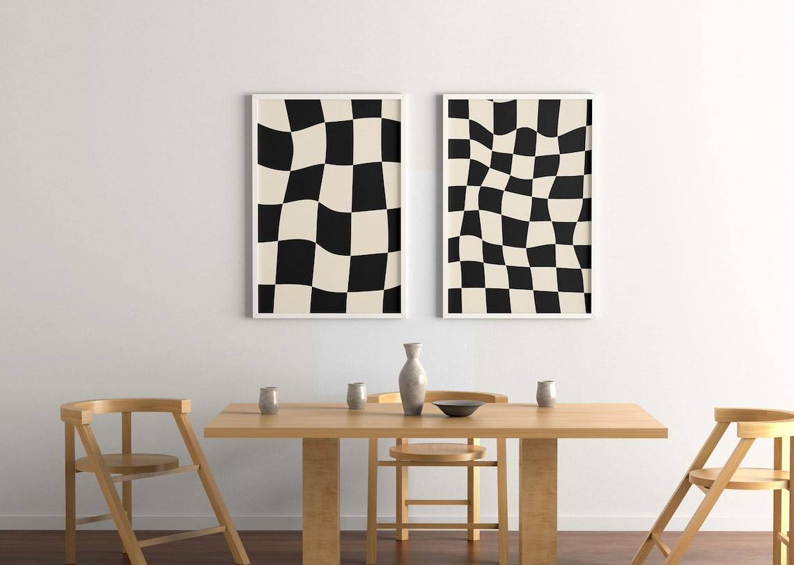 Funky Checkered Wavy Retro Black And Cream Abstract Prints, Trendy Wall ...