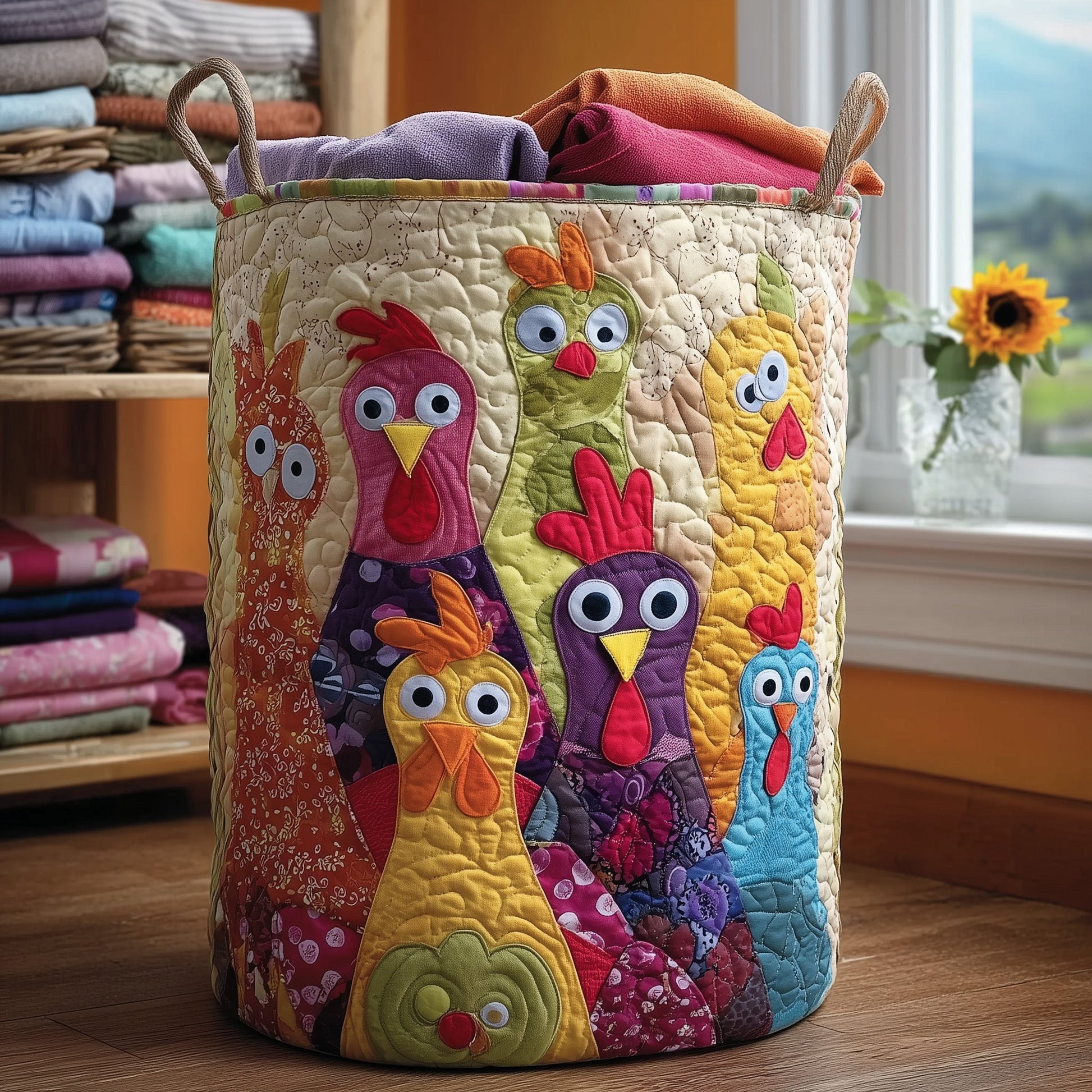 Funky Chicken Quilted Laundry Basket, Storage Bin Laundry Basket Fabric, House Storage Hamper, Mother Day's Gift Ideas
