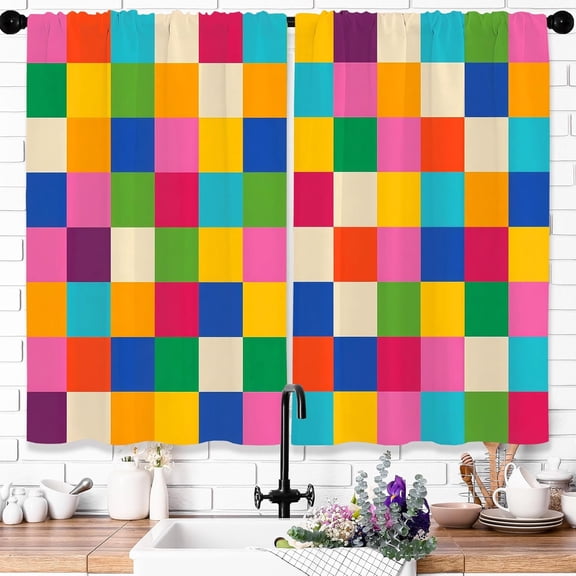 Funky Colorful Checkered Kitchen Curtains Vintage Multicolor Gingham Cute Boho Retro Modern Colored 70S Small Short Cafe Curtain Bathroom Bedroom Window Tiers Treatment Drapes 27.5x36 Inch