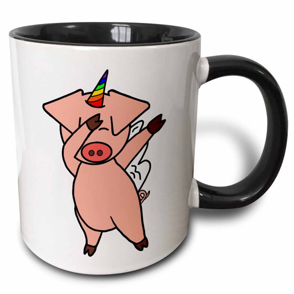 3drose, Funky Creative Dabbing Dance Flying Unicorn Pig Art, 11oz Two-tone Black Mug