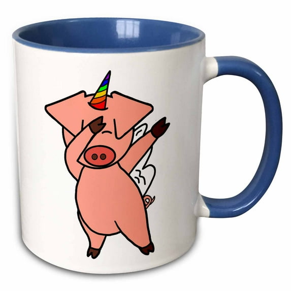 3drose, Funky Creative Dabbing Dance Flying Unicorn Pig Art, 11oz Two-tone Blue Mug
