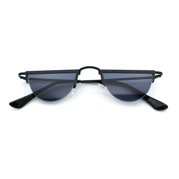Funky Cropped Half Circle Flat Top Half Metal Rim Hippie Sunglasses All Black