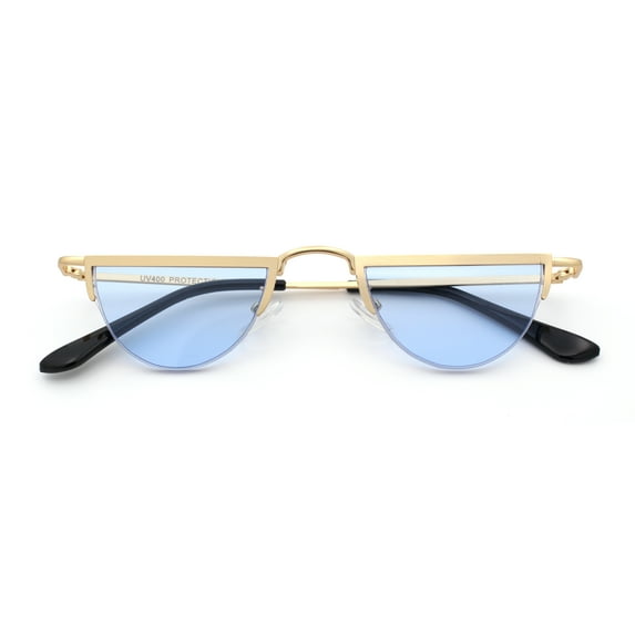 Funky Cropped Half Circle Flat Top Half Metal Rim Hippie Sunglasses Gold - Blue