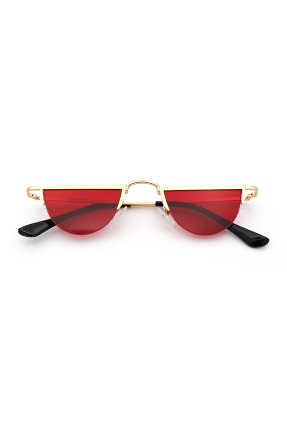 Funky Cropped Half Circle Flat Top Half Metal Rim Hippie Sunglasses Gold - Red