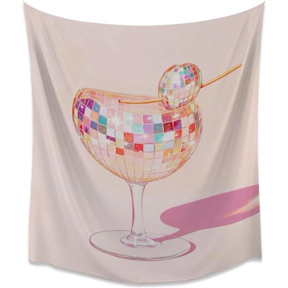 Funky Disco Ball Cocktail Aesthetic Tapestry Minimalist Trendy Coquette Girly Y2k Wall Hanging Pink Preppy Eclectic Bar Cart Tapestries for Bedroom Living Room Dorm Wall Decor white 40x60inch