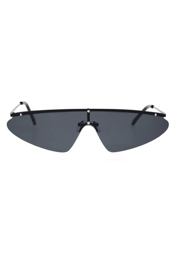 Funky Disco Flat Top Robotic Metal Half Rim Shield Triangle Sunglasses All Black