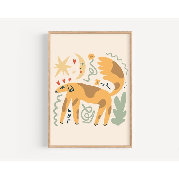 Funky Dog Print Boho Poster Retro Playroom Decor Groovy Dog Wall Art, Unframed Paper Poster 8x10in