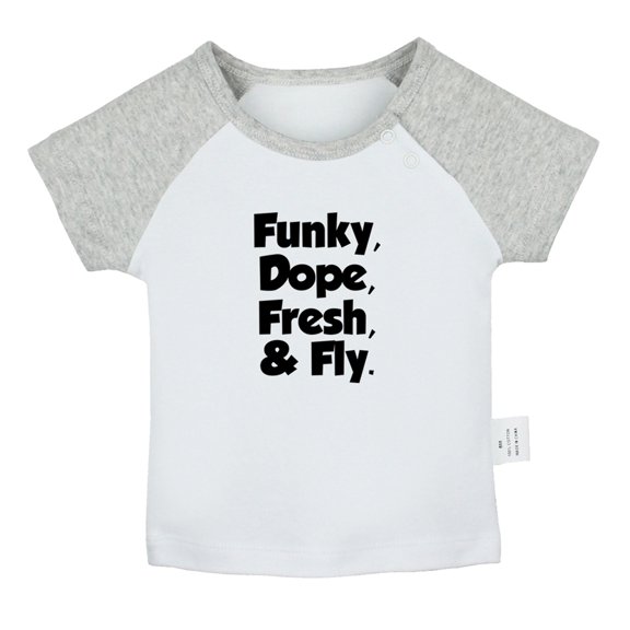 Funky Dope Fresh & Fly Funny T shirt For Baby, Newborn Babies T-shirts, Infant Tops, 0-24M Kids Graphic Tees Clothing (Short Gray Raglan T-shirt, 12-18 Months)