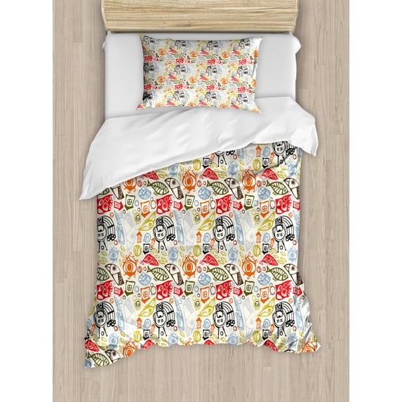 Funky Duvet Cover Set, Abstract Trippy Pattern with Fish and Eye Colorful Illustration, Decorative 2 Piece Bedding Set with 1 Pillow Shams, Twin Size, Multicolor, by Ambesonne
