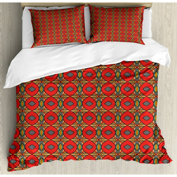 Funky Duvet Cover Set, Composition of Damask Quirky Boho Motif Folk Aztec Cultural Art Repetitive Design, Decorative 3 Piece Bedding Set with 2 Pillow Shams, Calking Size, Multicolor, by Ambesonne