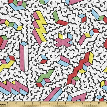 Ambesonne Funky Fabric by the Yard Upholstery, Memphis 90s 3D Shapes, 2 Yards, Multicolor
