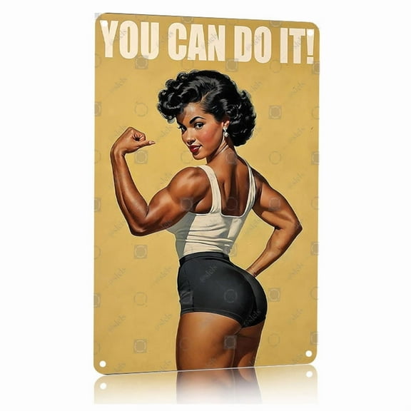 Funky Female Workout Motivational Metal Poster You CaDo It Black WomaBodybuilder Art 8x12 Inch Aluminum Fitness Gym Wall Decor Inspirational Sports Artwork for Home Office Studio