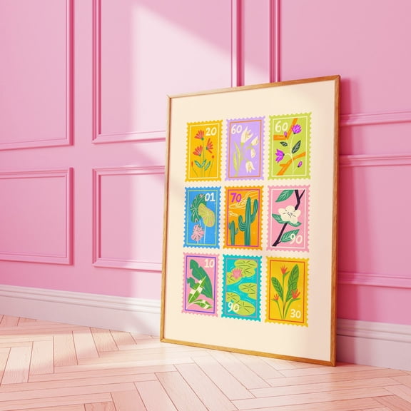 Funky Floral Stamps Colorful Hippie Trippy Flowers Girly Preppy Wall Art, Stretched Canvas 12x16in