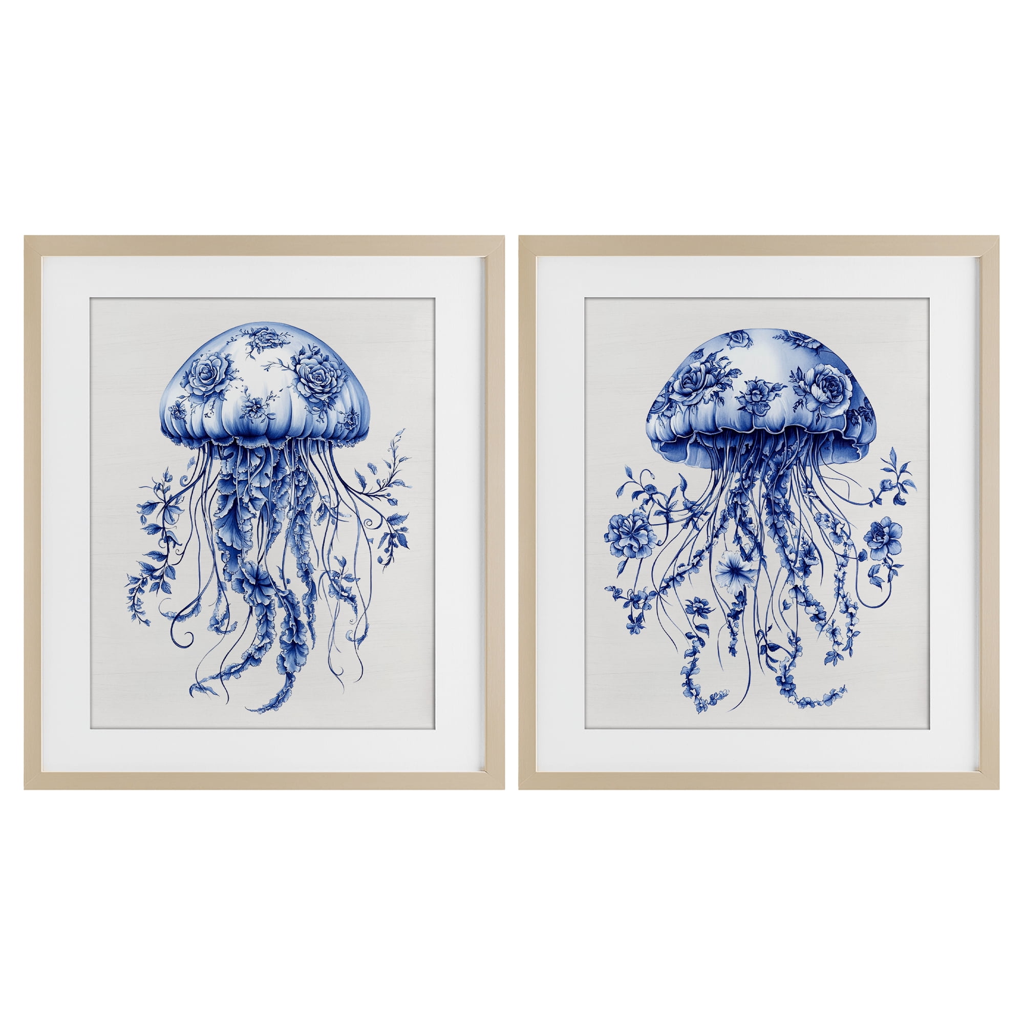 Funky Florals Toile Jellyfish 2 Piece Birch Framed Print Under Glass Set, design by Lettered and Lined