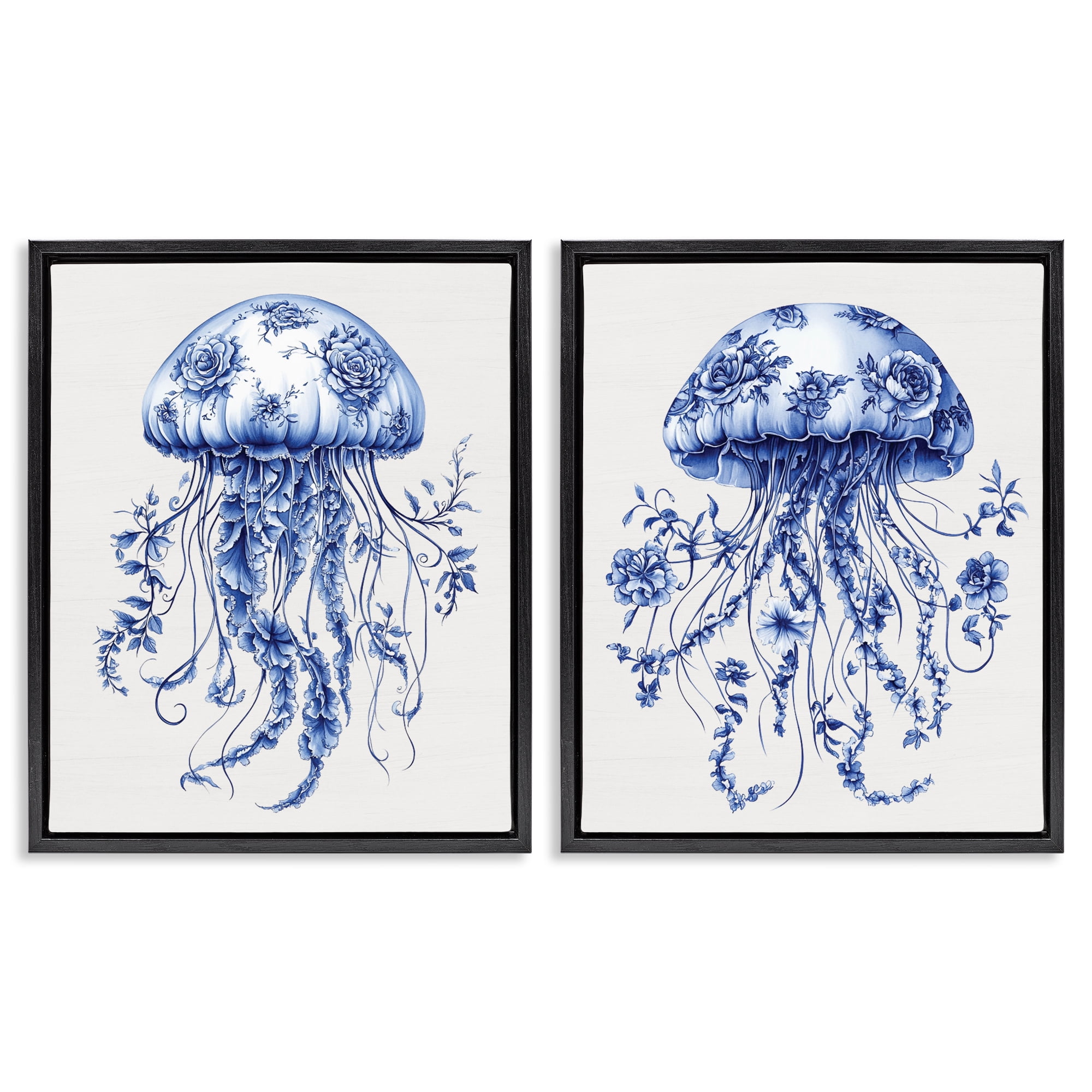 Funky Florals Toile Jellyfish 2 Piece Black Framed Floater Canvas Set, design by Lettered and Lined