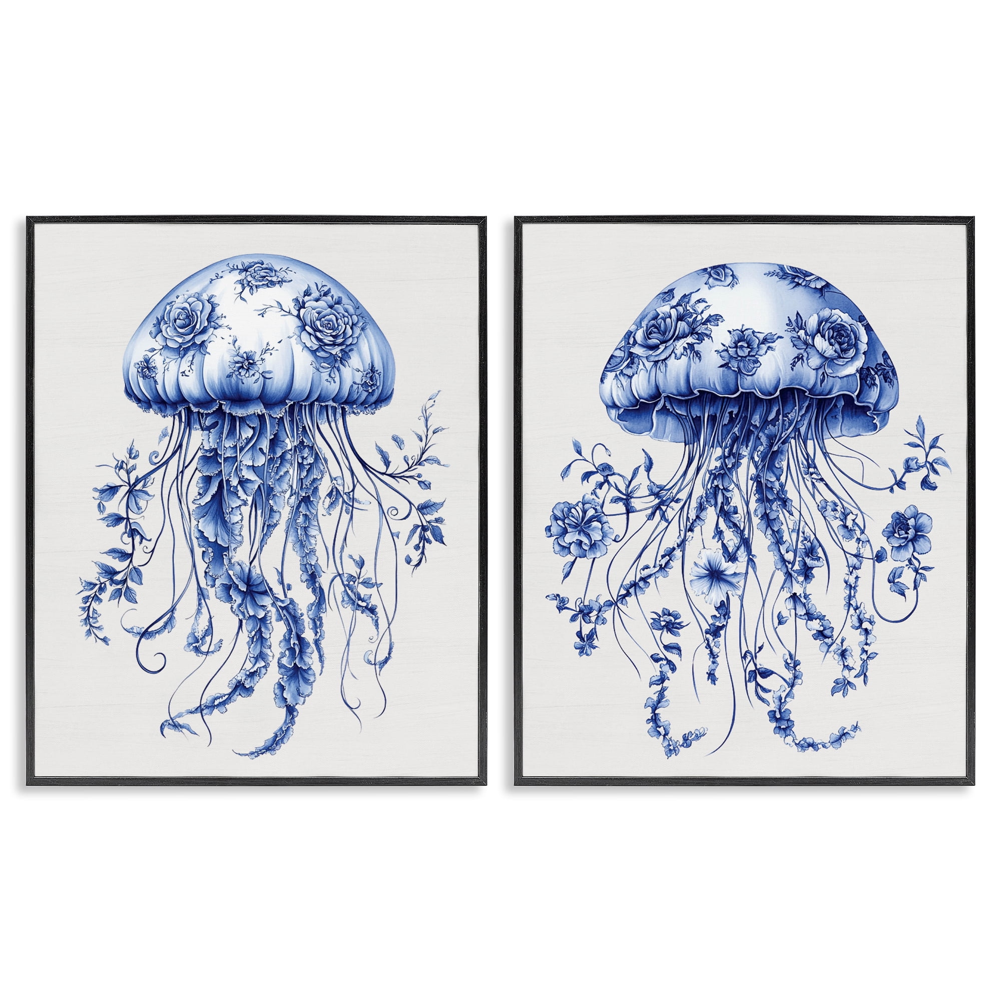Funky Florals Toile Jellyfish 2 Piece Black Framed Giclee Art Set, design by Lettered and Lined