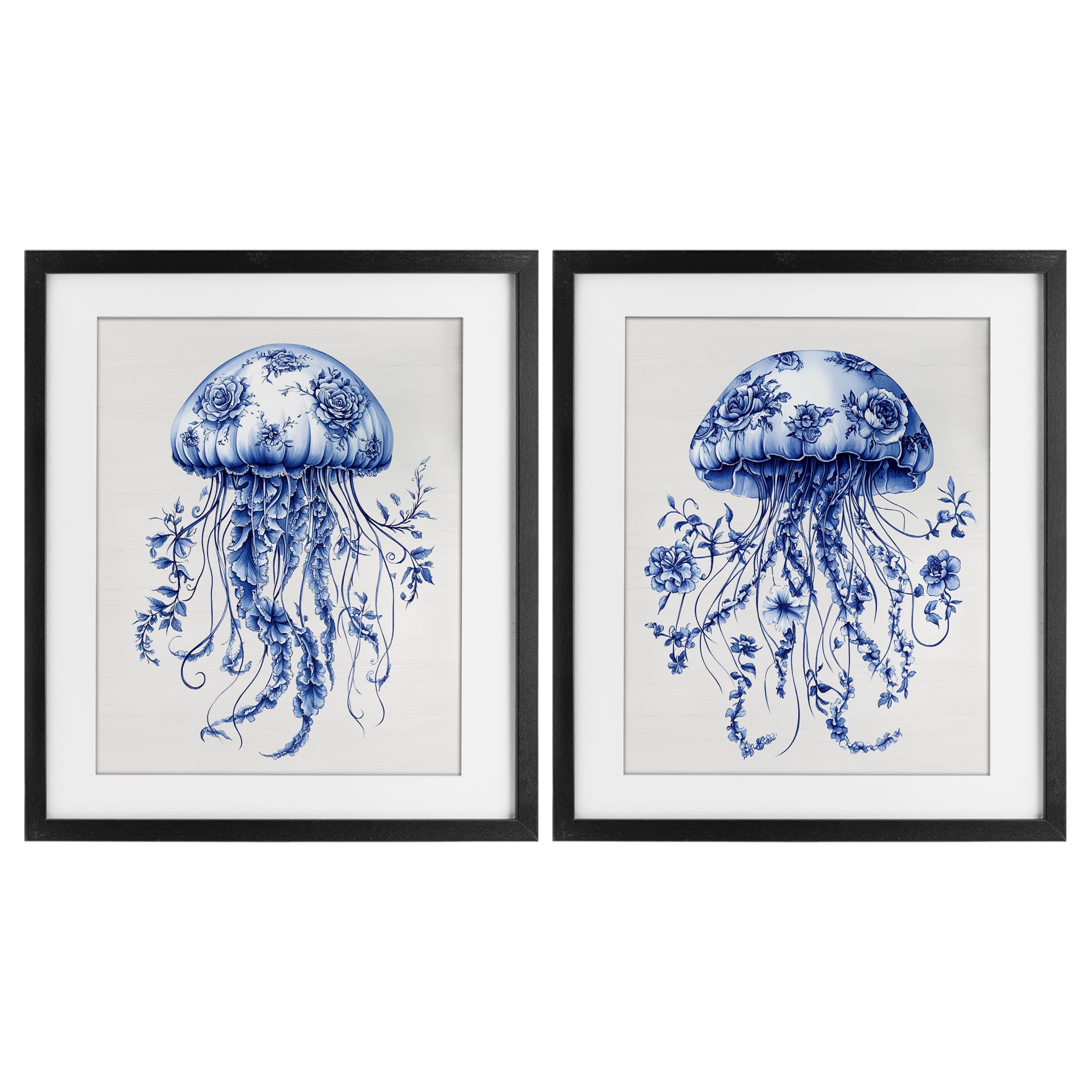 Funky Florals Toile Jellyfish 2 Piece Black Framed Print Under Glass Set, design by Lettered and Lined