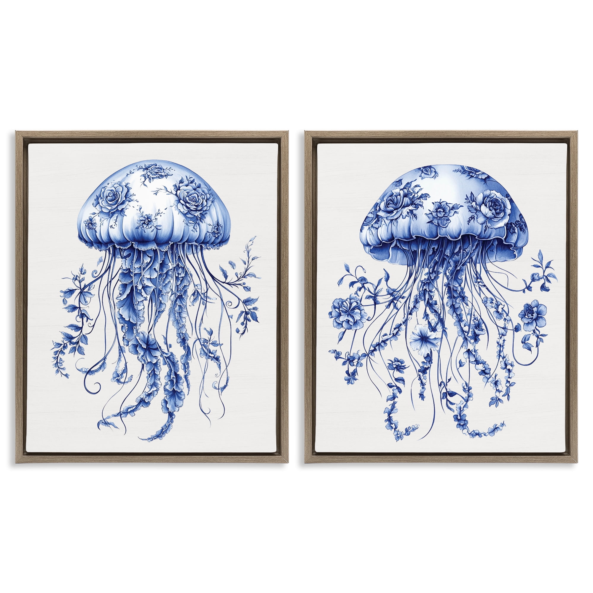 Funky Florals Toile Jellyfish 2 Piece Brown Framed Floater Canvas Set, design by Lettered and Lined