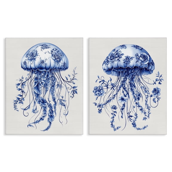 Funky Florals Toile Jellyfish 2 Piece Canvas Wall Art Set, design by Lettered and Lined