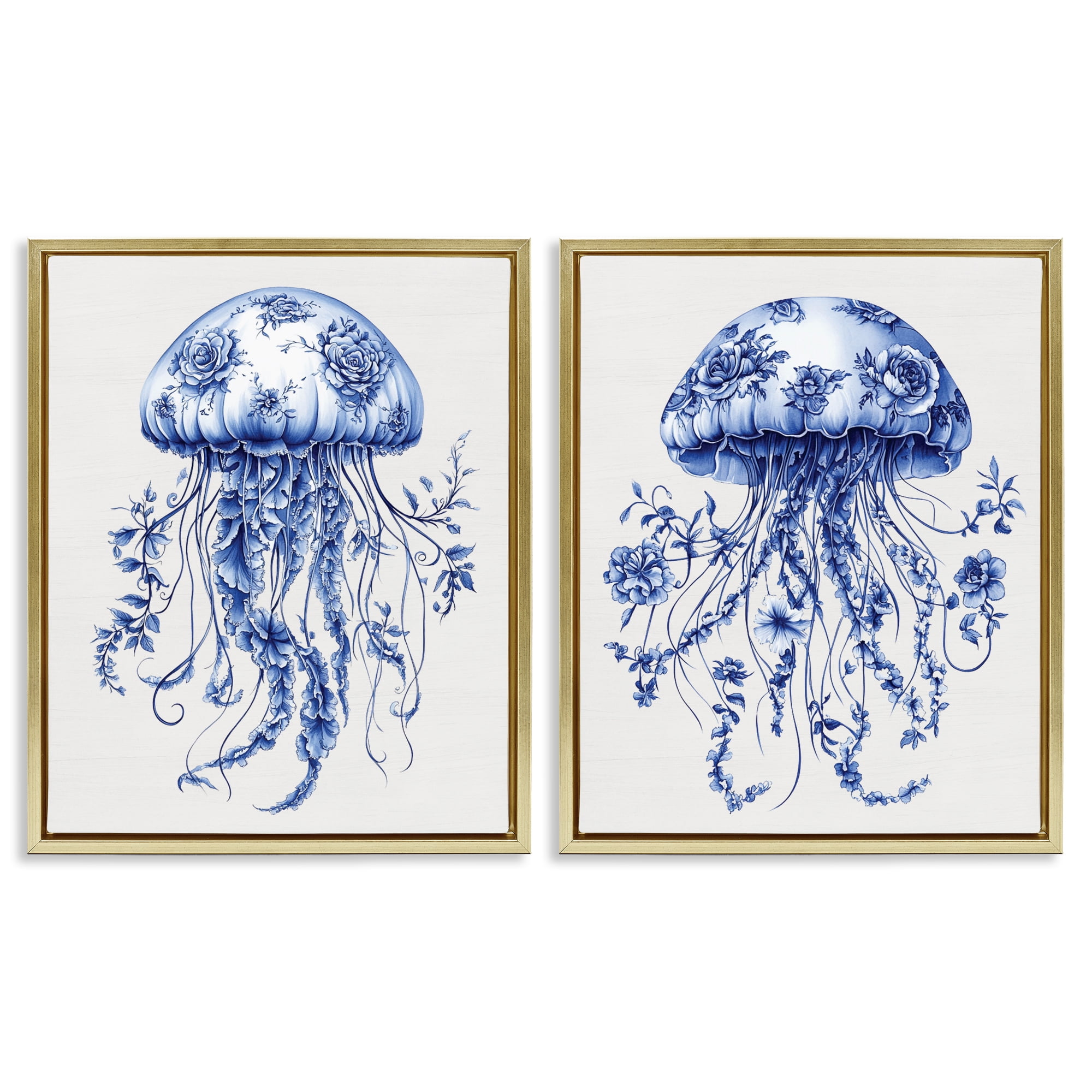 Funky Florals Toile Jellyfish 2 Piece Gold Framed Floater Canvas Set, design by Lettered and Lined