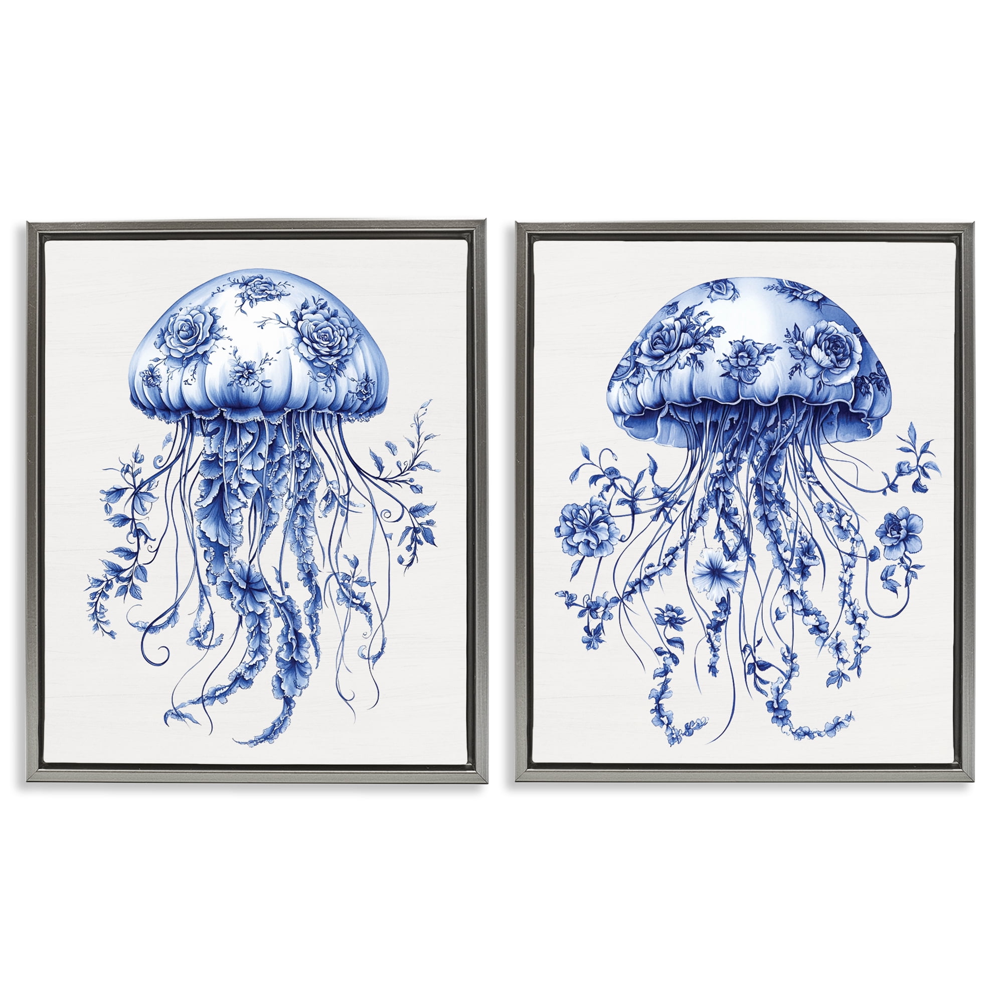 Funky Florals Toile Jellyfish 2 Piece Gray Framed Floater Canvas Set, design by Lettered and Lined