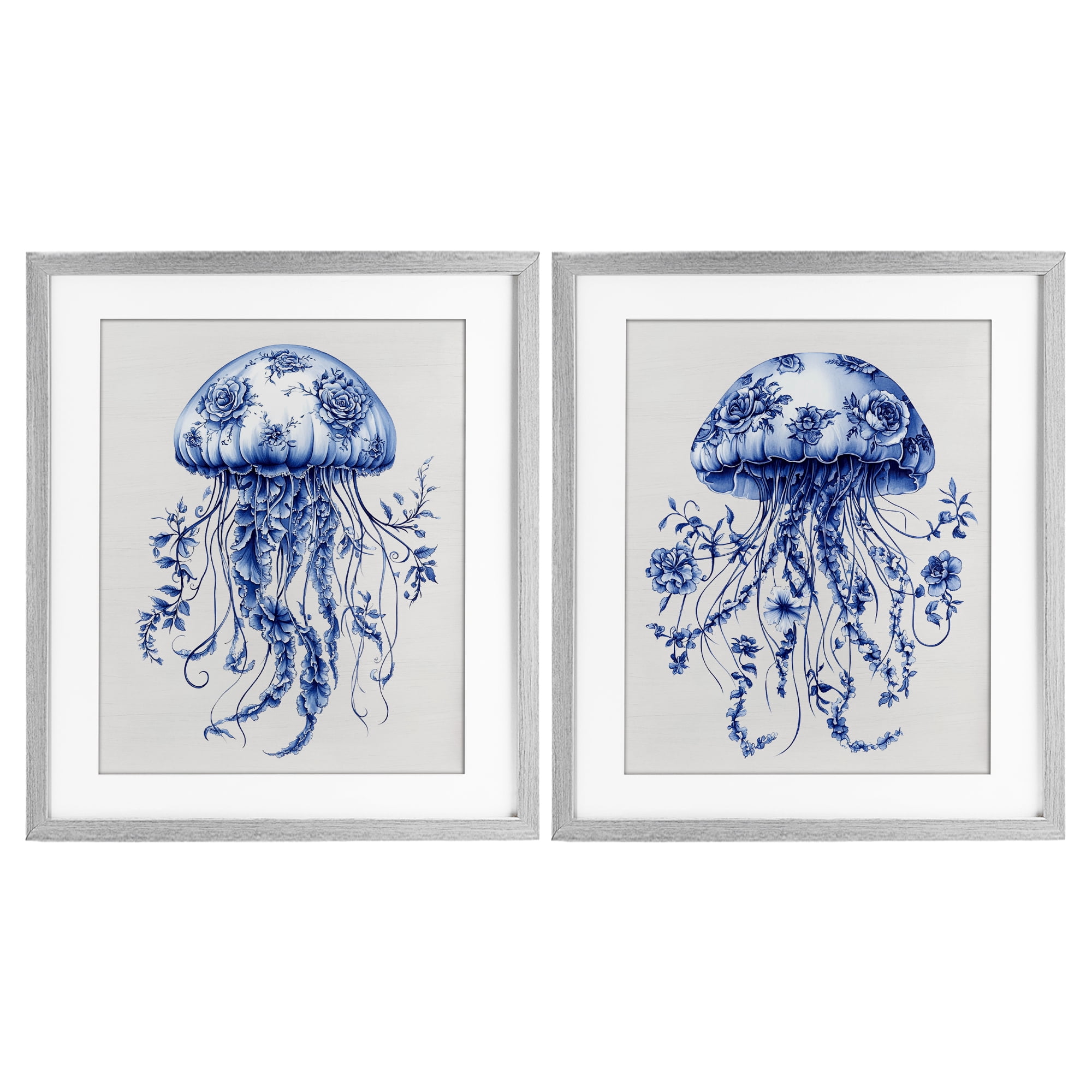 Funky Florals Toile Jellyfish 2 Piece Gray Framed Print Under Glass Set, design by Lettered and Lined