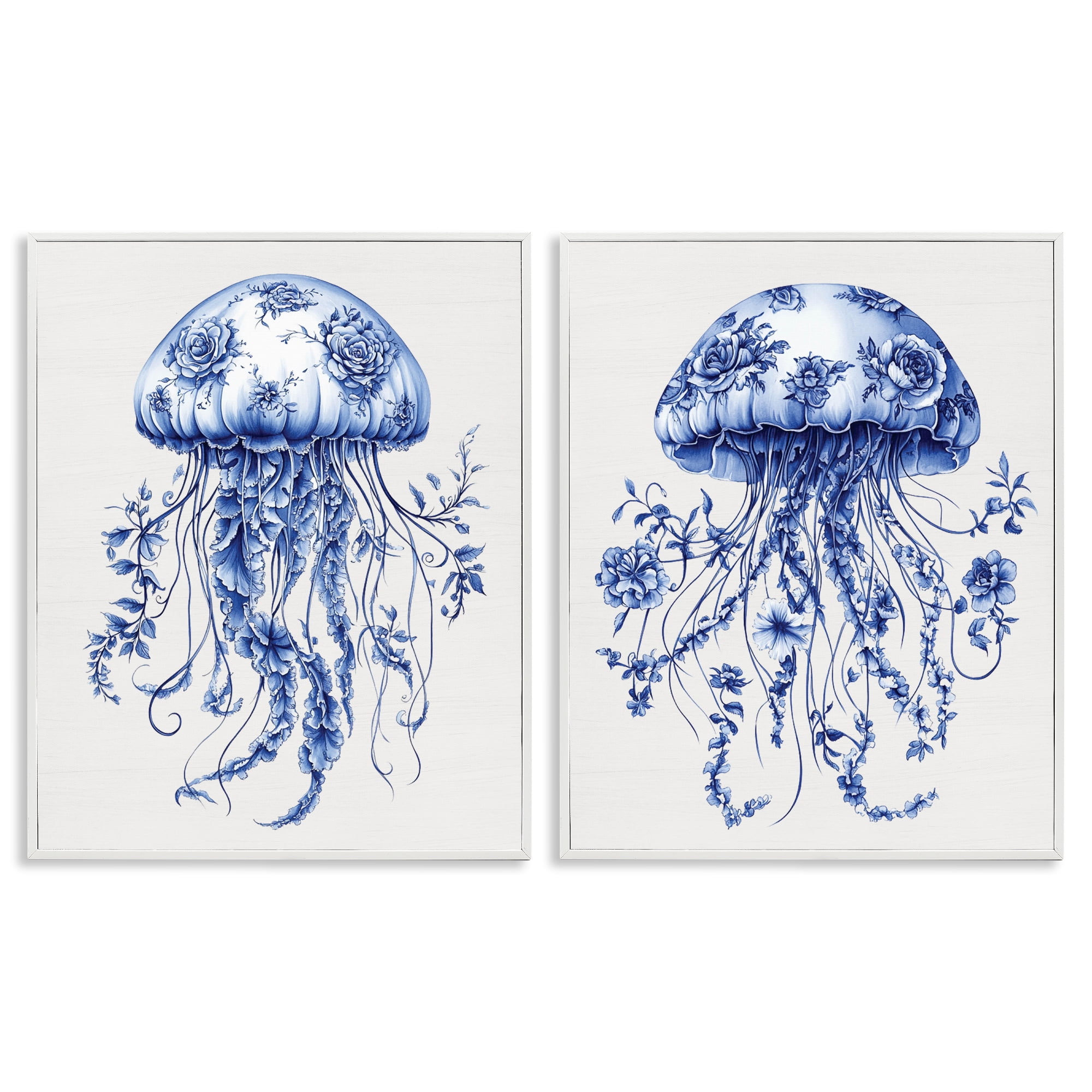 Funky Florals Toile Jellyfish 2 Piece White Framed Giclee Art Set, design by Lettered and Lined