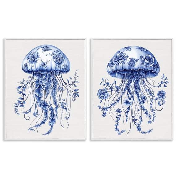 Funky Florals Toile Jellyfish 2 Piece White Framed Giclee Art Set, design by Lettered and Lined