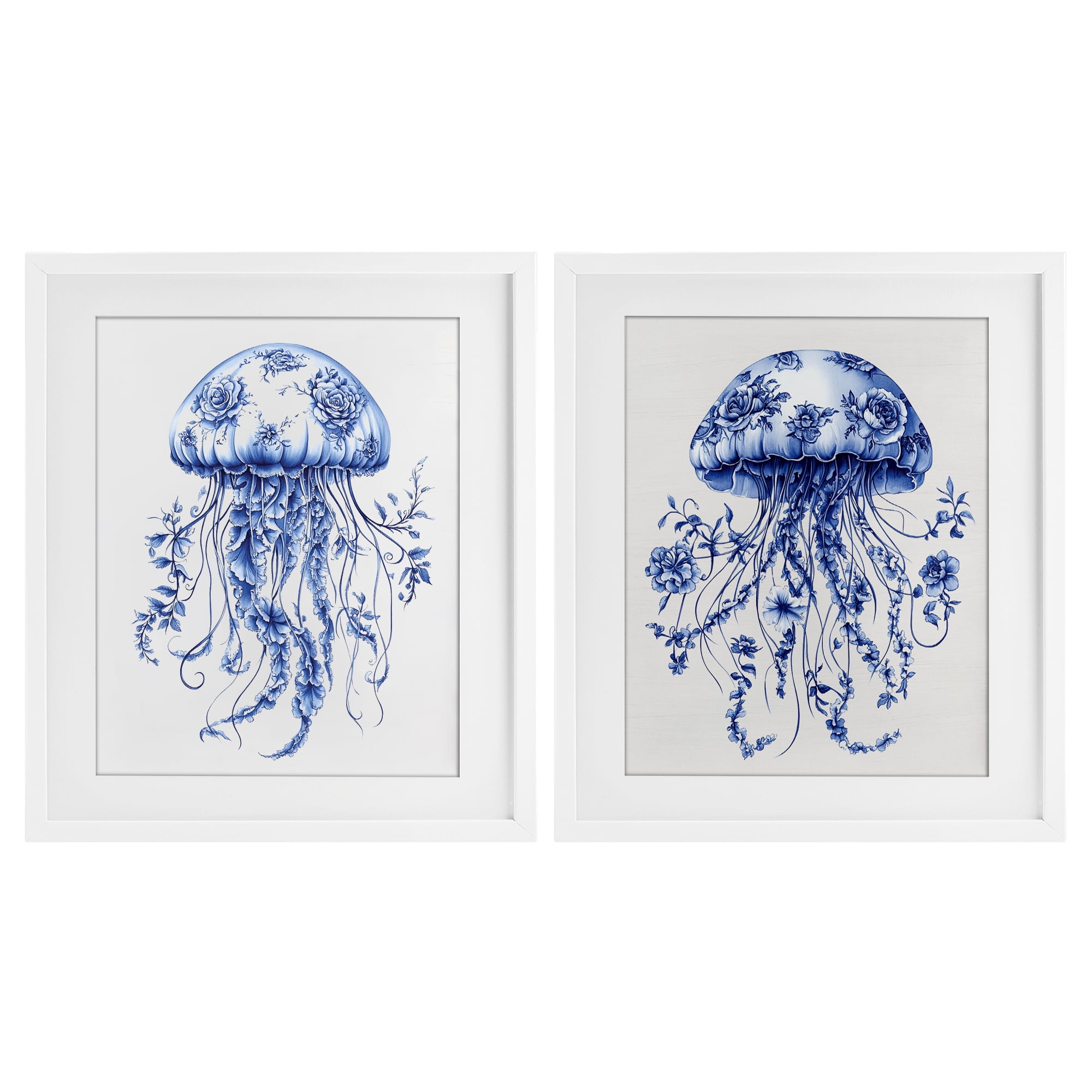 Funky Florals Toile Jellyfish 2 Piece White Framed Print Under Glass Set, design by Lettered and Lined