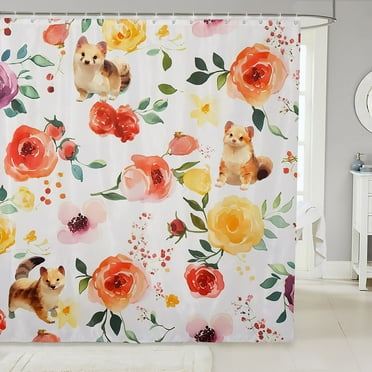 Funky Flower Shower Curtain 72"Wx72"L,Cute Cat Pet Animals Bathroom Shower Curtain,Spring Botanical Floral Fabric Shower Curtain,Red Orange Garden Pastoral Waterproof Bathroom Curtains