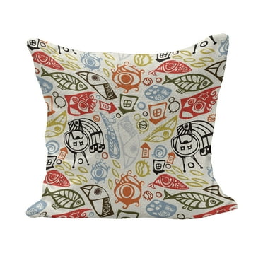 Funky Fluffy Throw Pillow Cushion Cover, Abstract Trippy Pattern with Fish and Eye Colorful Illustration, Decorative Square Accent Pillow Case, 16" x 16", Multicolor, by Ambesonne