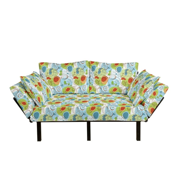 Funky Futon Couch, Whimsical Fun Pattern with Random Swirls Spirals Color Spots and Little Heart Shapes, Daybed with Metal Frame Upholstered Sofa for Living Dorm, Loveseat, Multicolor, by Ambesonne